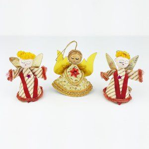 Vintage Angel Christmas Ornaments Spun Cotton Wood Face Lot Of 3